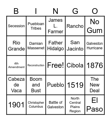 Texas History Bingo Card