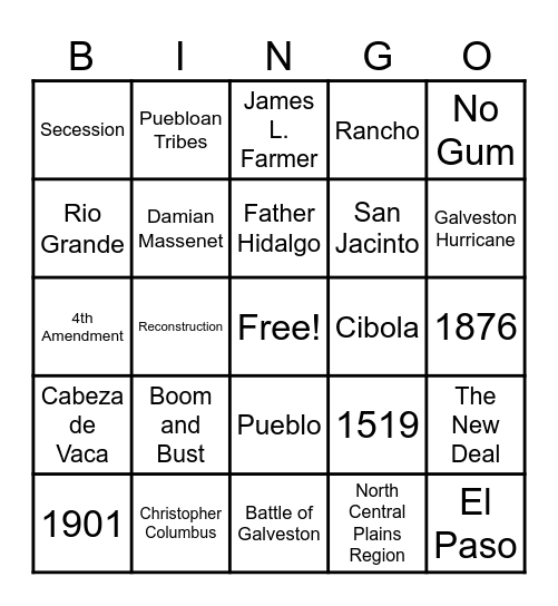Texas History Bingo Card