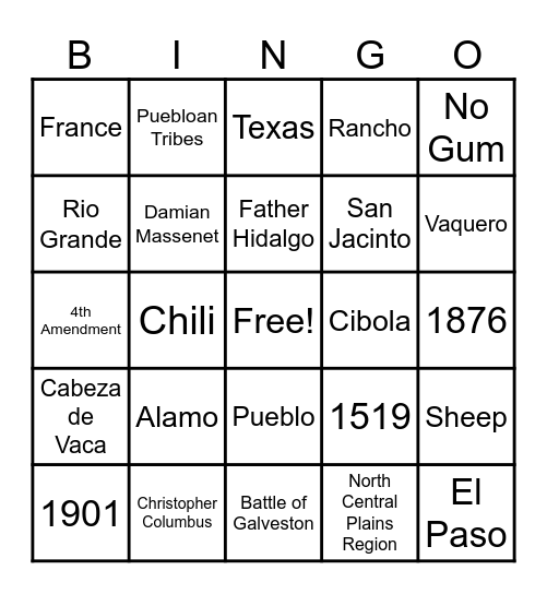 Texas History Bingo Card