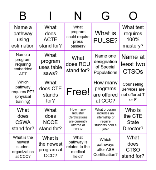 Canton Career Center Bingo Card