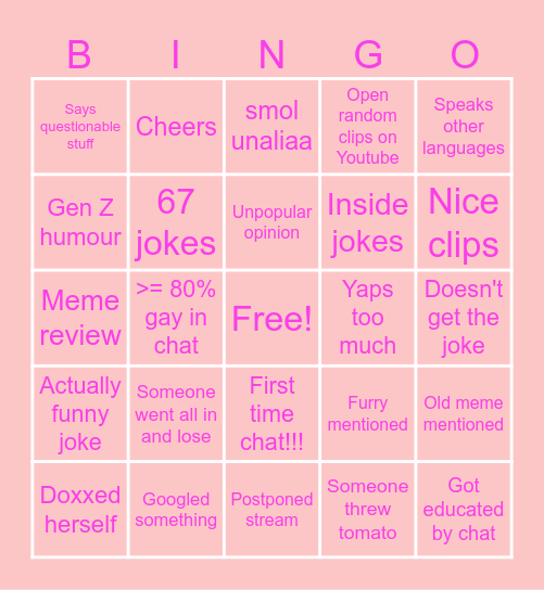 Unaliaaabuttcheeks Bingo Card