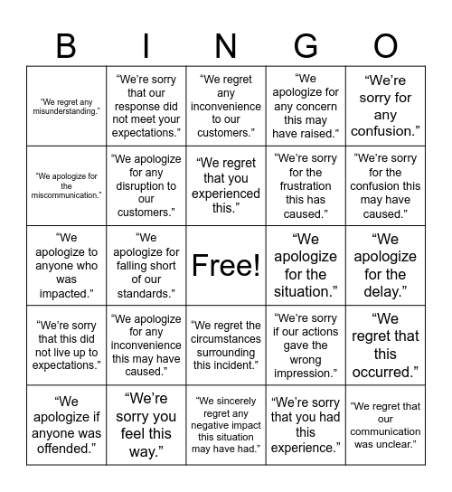Sorry-Not Sorry Bingo Card