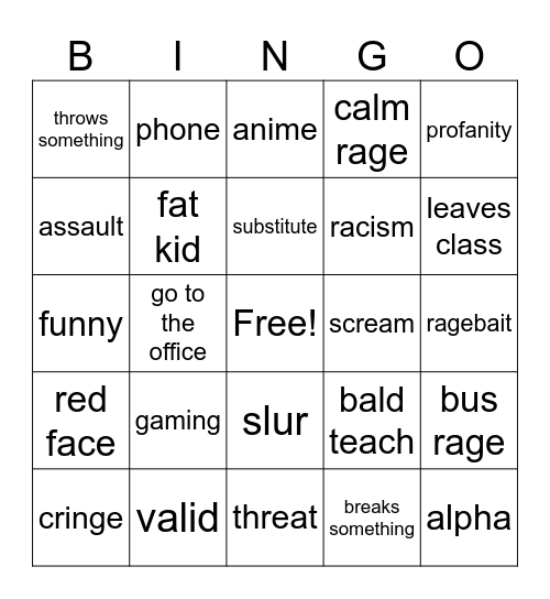 School Crashout Bingo Card