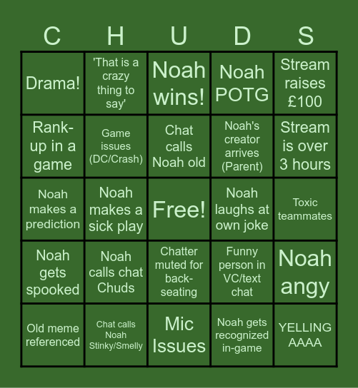 Noah Charity Stream Bingo Card