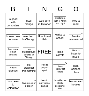 Classmate Bingo Card