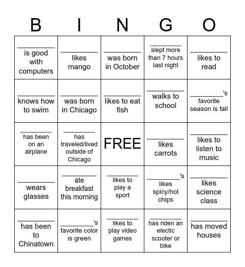 Classmate Bingo Card