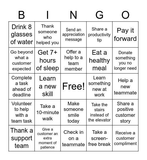 Go The Extra Mile BINGO Card