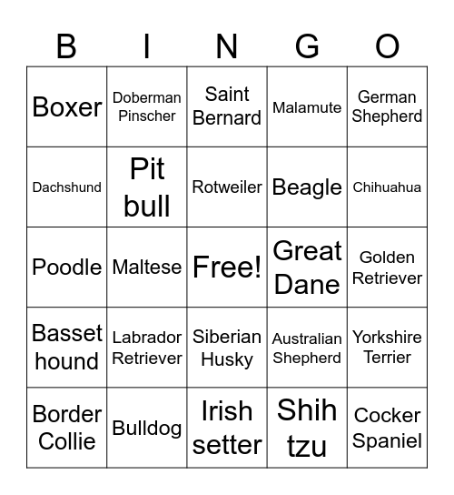 Dog Breed Bingo Card