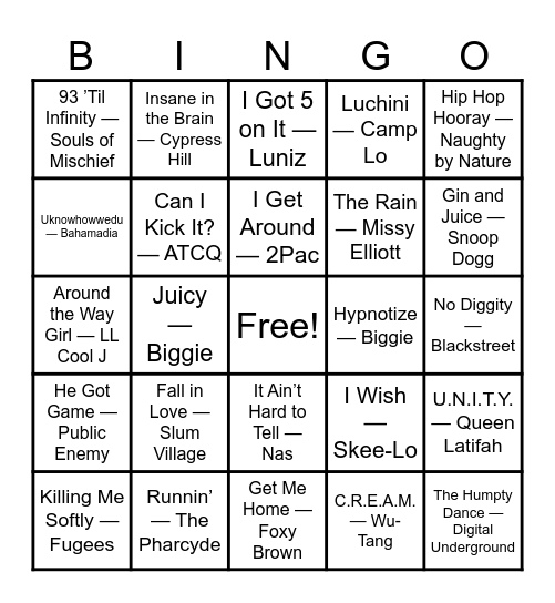 90's Hip Hop Bingo Card