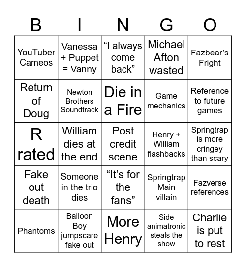 FNAF 3 Movie Bingo Card