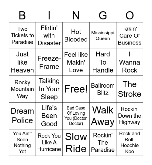 Retro Rock Bingo Card