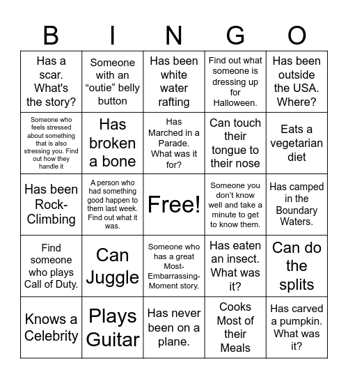 Human BINGO: Find Someone who... Bingo Card