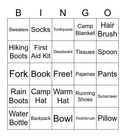 Camp Kit List Bingo Card