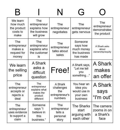 Shark Tank BINGO! Bingo Card