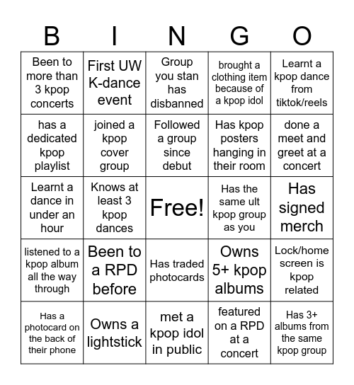 UW K-Dance BOT Bingo Card