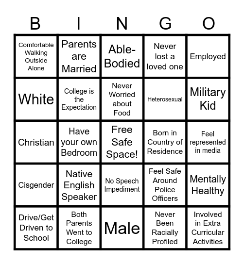 Privilege Bingo Card