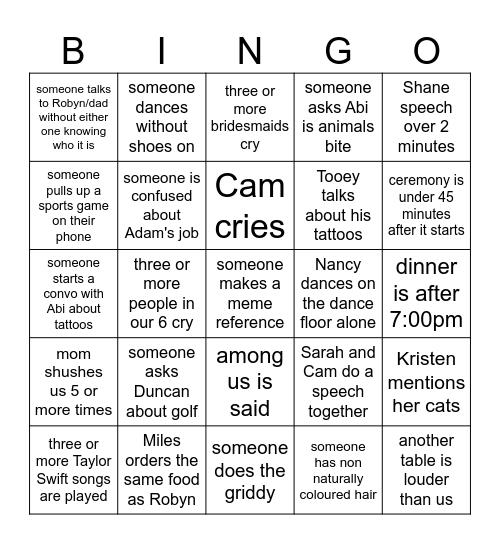 wedding bingo Card