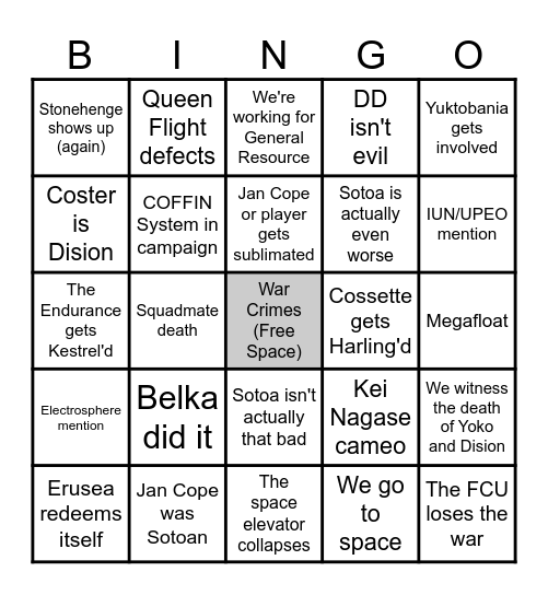Ace Combat 8 Bingo Card