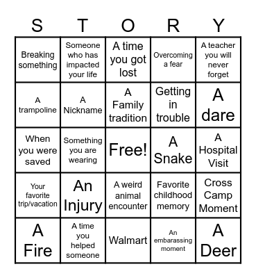 "Do You Have a Story About...." Bingo Card