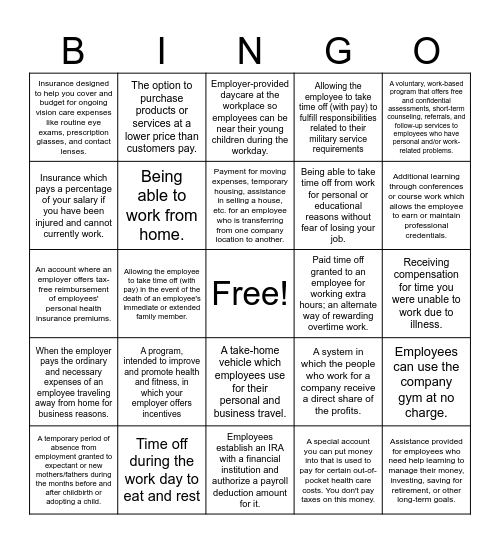 Employee Benefits Bingo Card