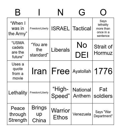 Pete Hegseth’s Speech Bingo Card