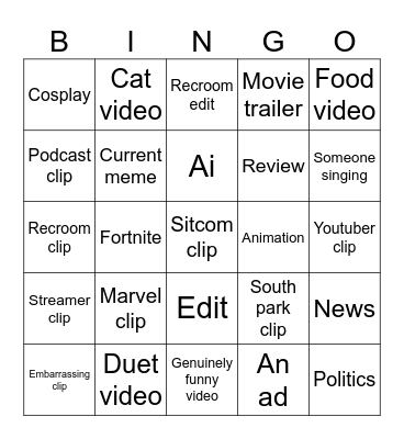 Tiktok bingo Card