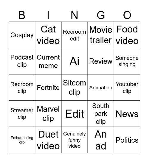 Tiktok bingo Card