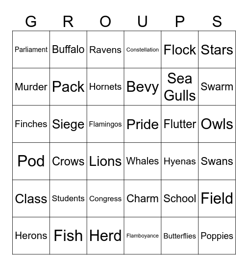 Collective Nouns Bingo Card