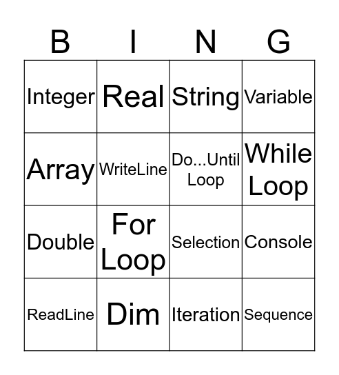 Programming Key Terms Bingo Card