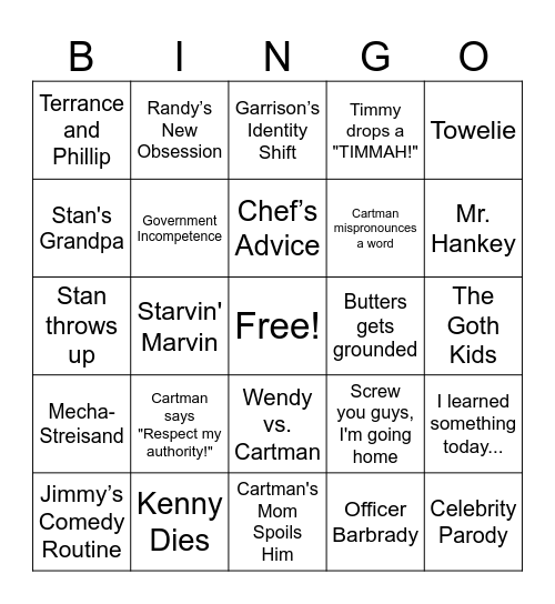 South Park Bingo Card