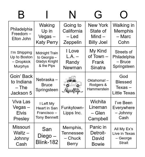 Musical Road Trip Bingo Card