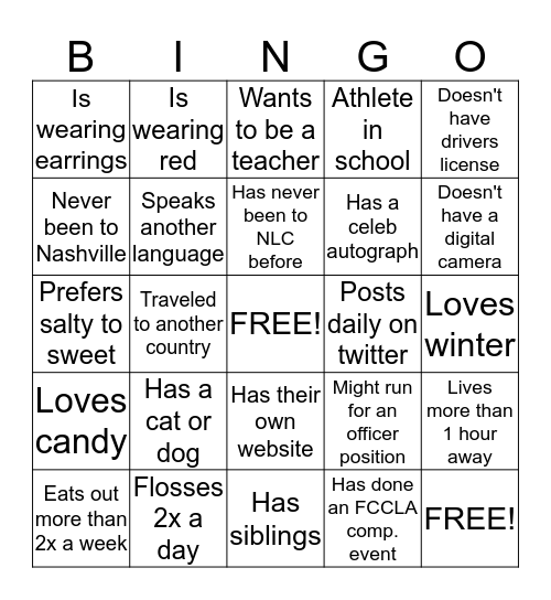 FCCLA NLC Bingo Card
