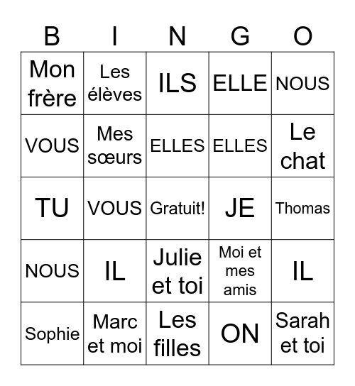 Pronoms personnels sujets Bingo Card