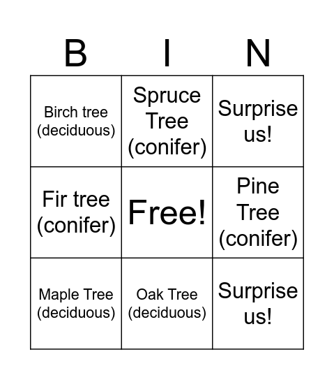 Acadian Forest Ecosystem Bingo Card