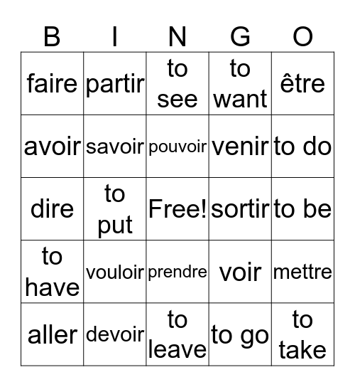 Les verbes irréguliers Bingo Card