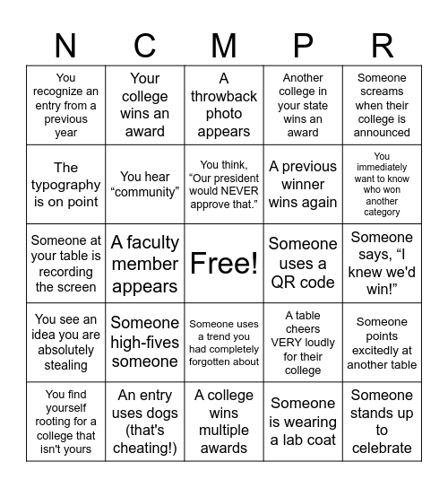 NCMPR D1 Medallion Awards Bingo Card