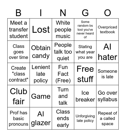 First Day of College Bingo Card