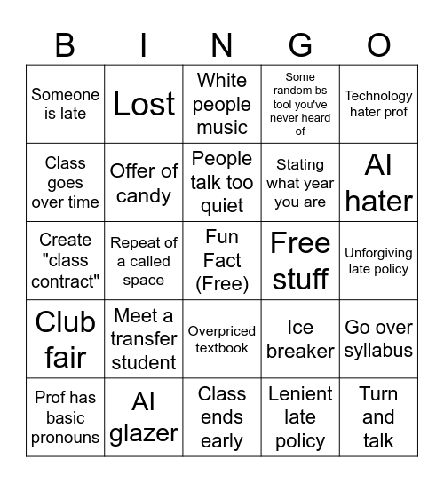First Day of College Bingo Card