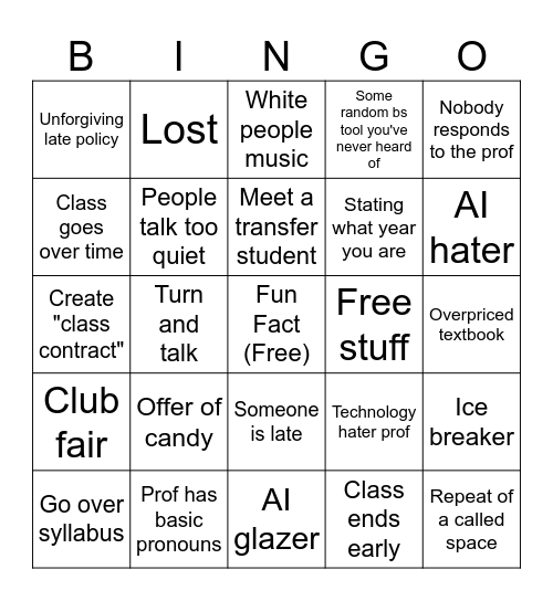 First Day of College Bingo Card