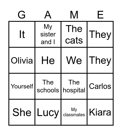 Nouns and Pronouns BINGO Card