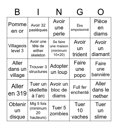 Minecraft bingo Card