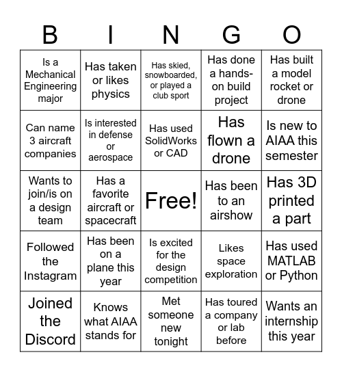 AIAA Bingo: Find Someone Who... Bingo Card