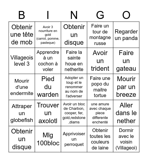 Minecraft bingo Card