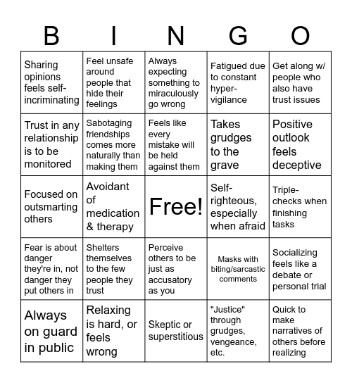 Paranoid Personality Disorder Bingo Card