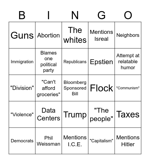 Political Talking Points Bingo Card