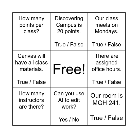 Syllabus Bingo Card