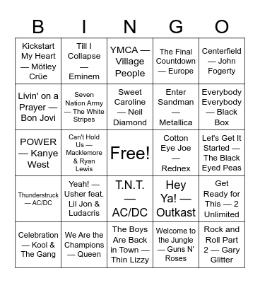 Sports Anthems Bingo Card