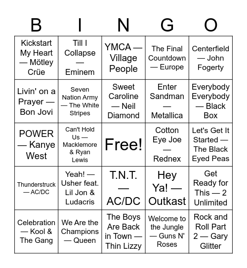 Sports Anthems Bingo Card