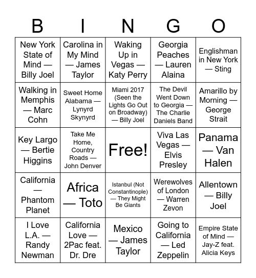 Songs/Artists with geographical names Bingo Card