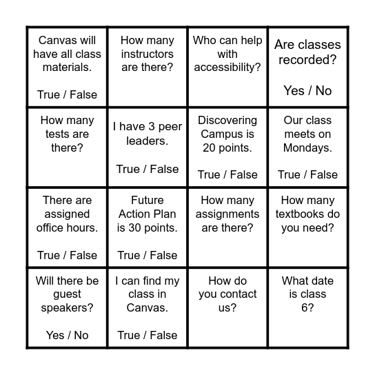 Syllabus Bingo Card